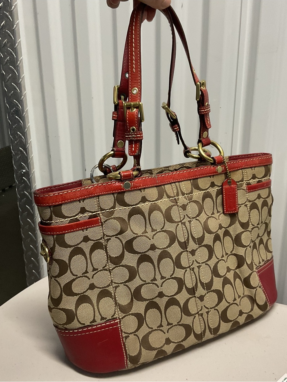 Coach Beige Signature Canvas Tote with Red Leather Accents